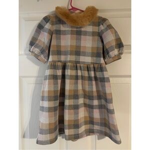 Janie and Jack Plaid Puff-Sleeve Dress with Faux Fur Collar - Pink, Tan & Gray
